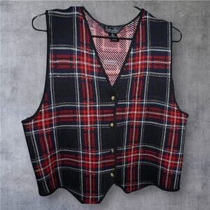 Rafaella Petites Red Navy Plaid Wool Blend Vest - Size M - Button Front Vintage